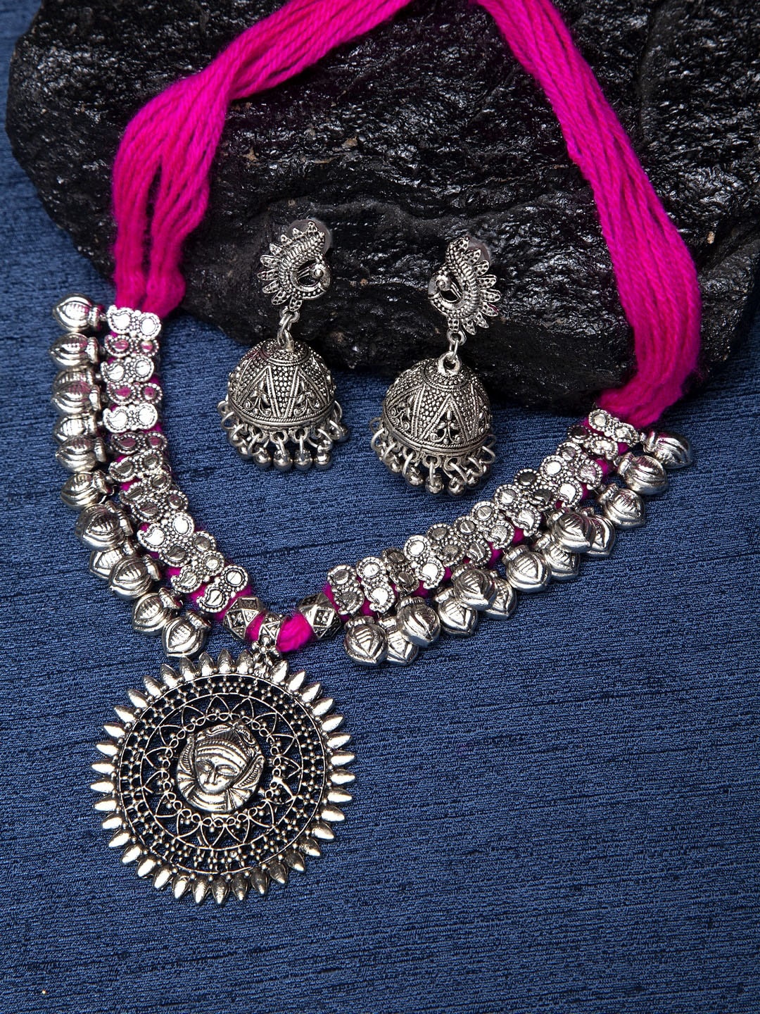 Shining Diva Oxidized Silver-Plated Pink Jewellery Set