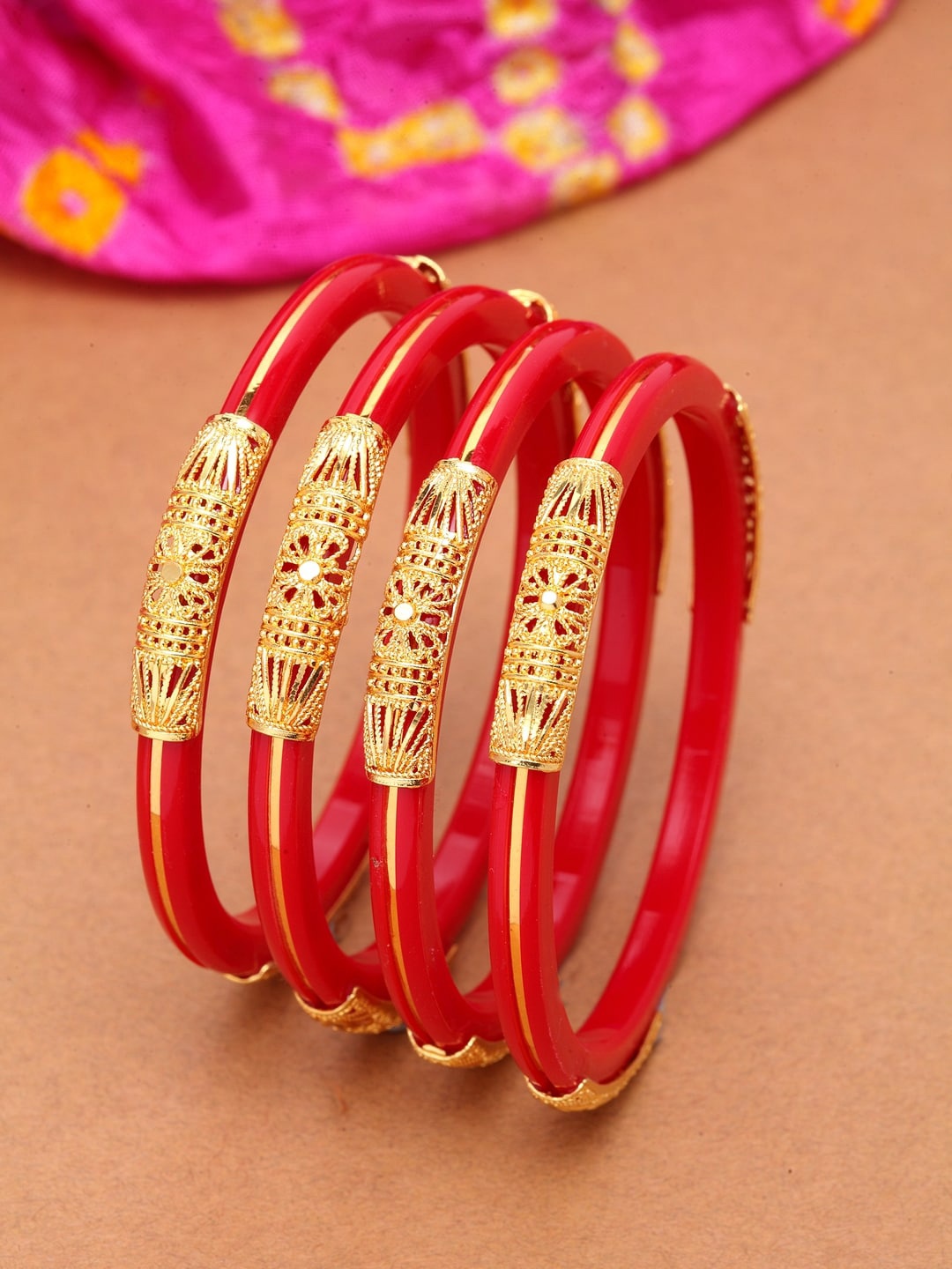 

Shining Diva Set Of 4 Gold-Plated & Red Bangles