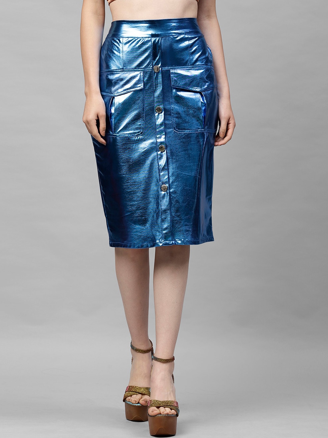 Athena Women Blue Solid Metallic Straight Skirt