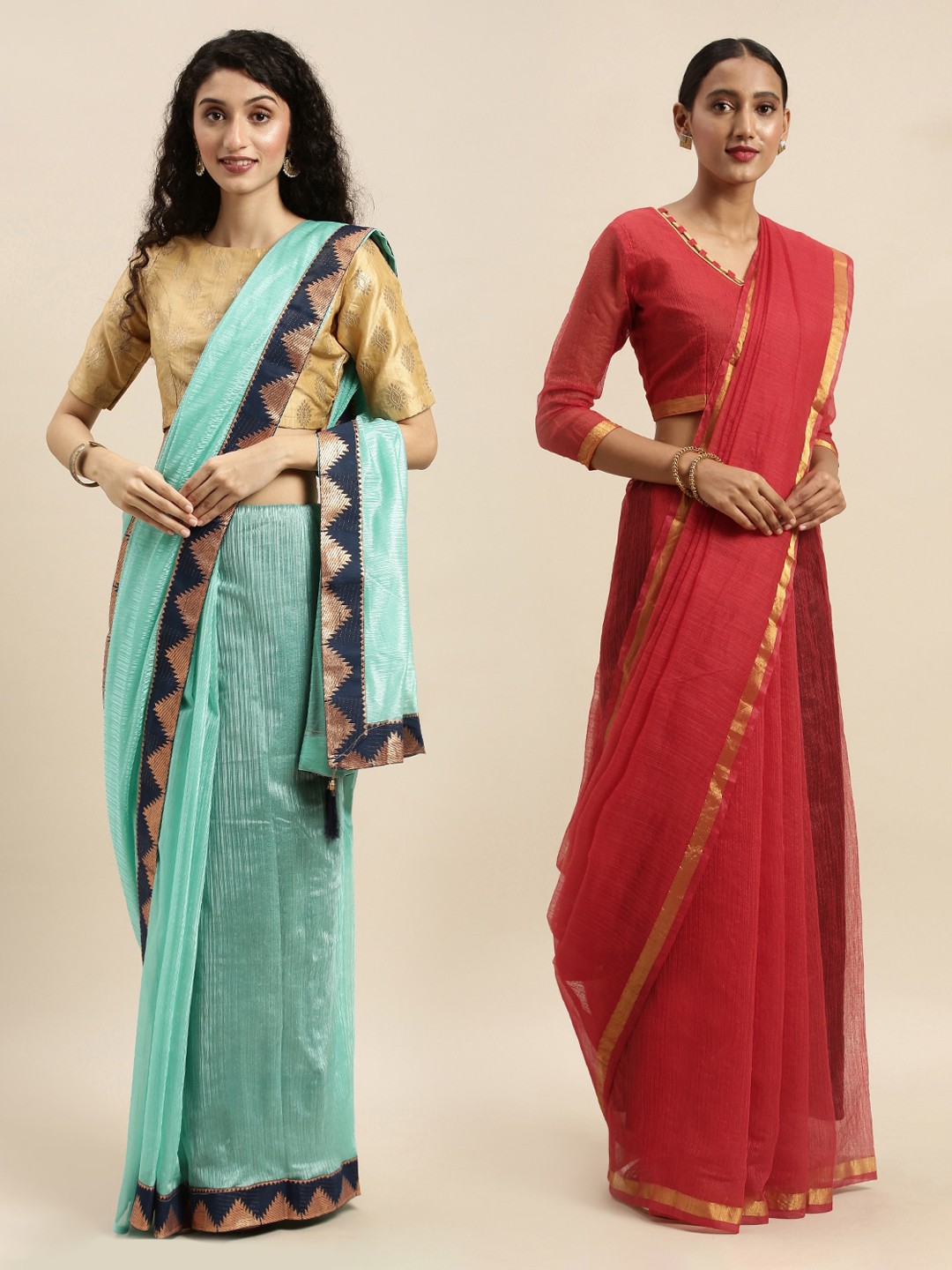 

Florence Set of 2 Sea Green & Red Solid Art Silk Saree