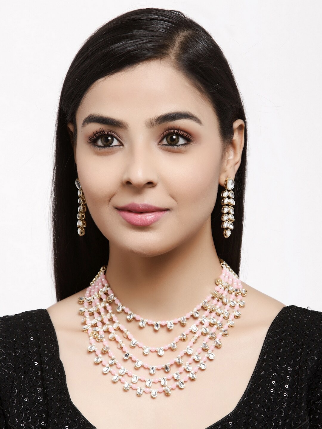 

Shining Diva Gold-Plated Pink & White Kundan-Studded Beaded Layered Jewellery Set