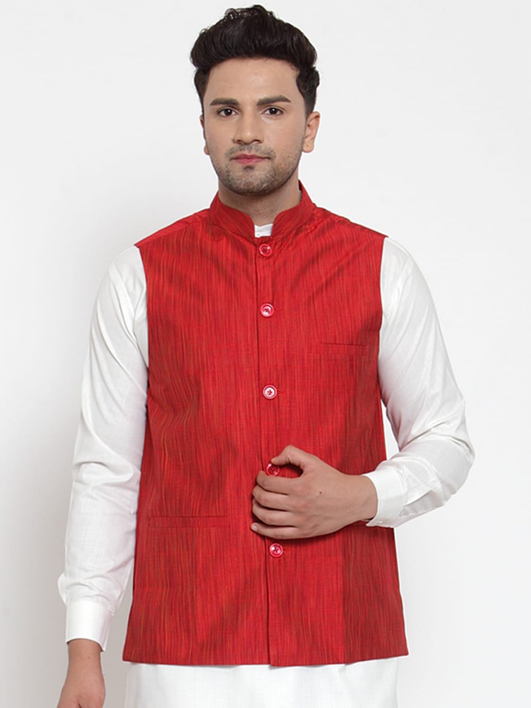 

Jompers Men Red Woven Design Woven Cotton Nehru Jacket