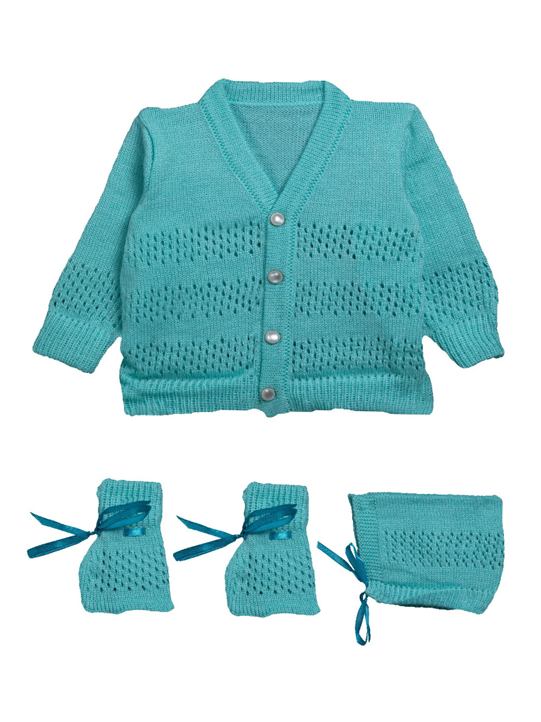 

Little Angels Infants Green Self Design Cardigan Sweater & Booties
