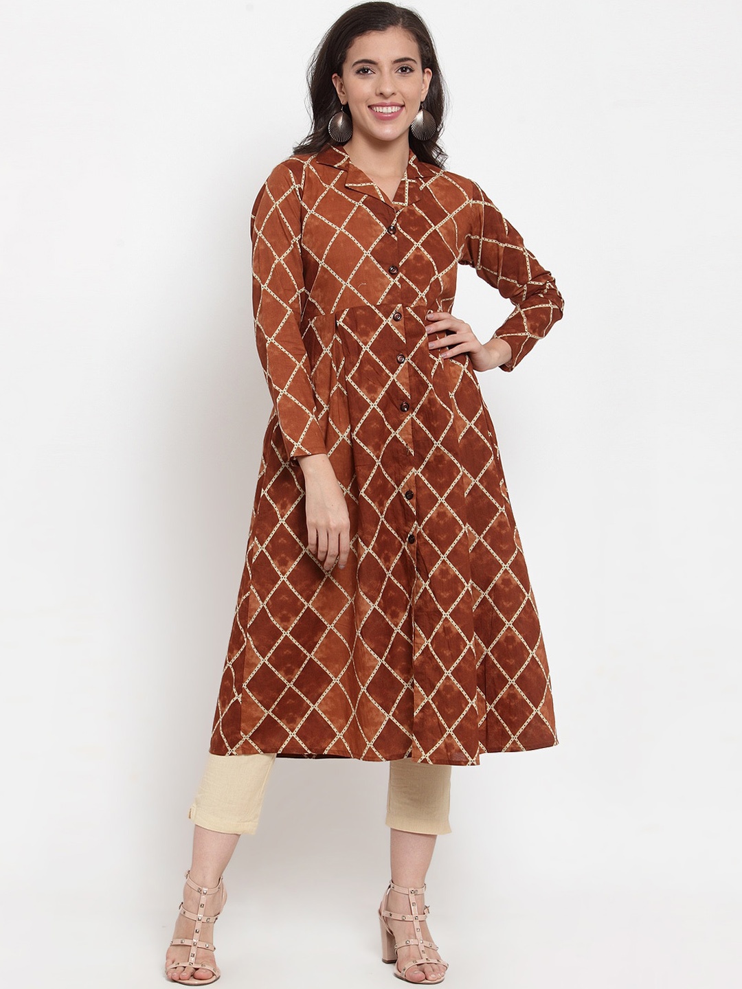 

Indibelle Women Brown Checked A-Line Kurta