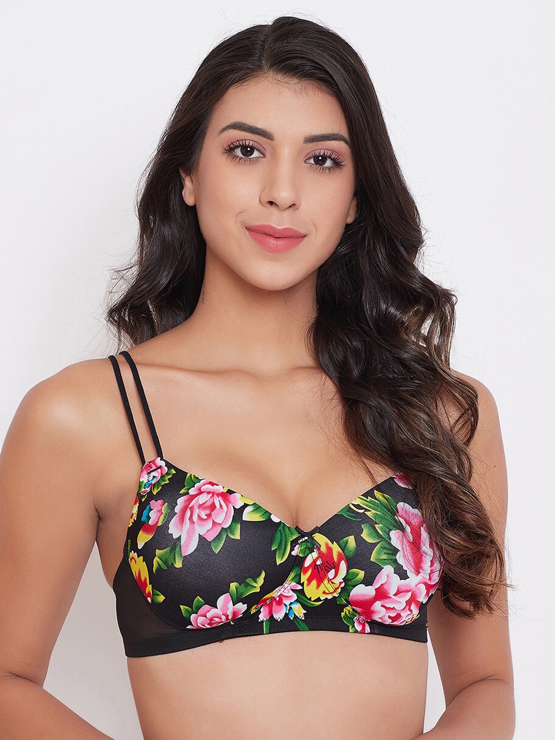 Clovia Black & Pink Printed Non-Wired Lightly Padded T-shirt Bra BR1737Y1336E