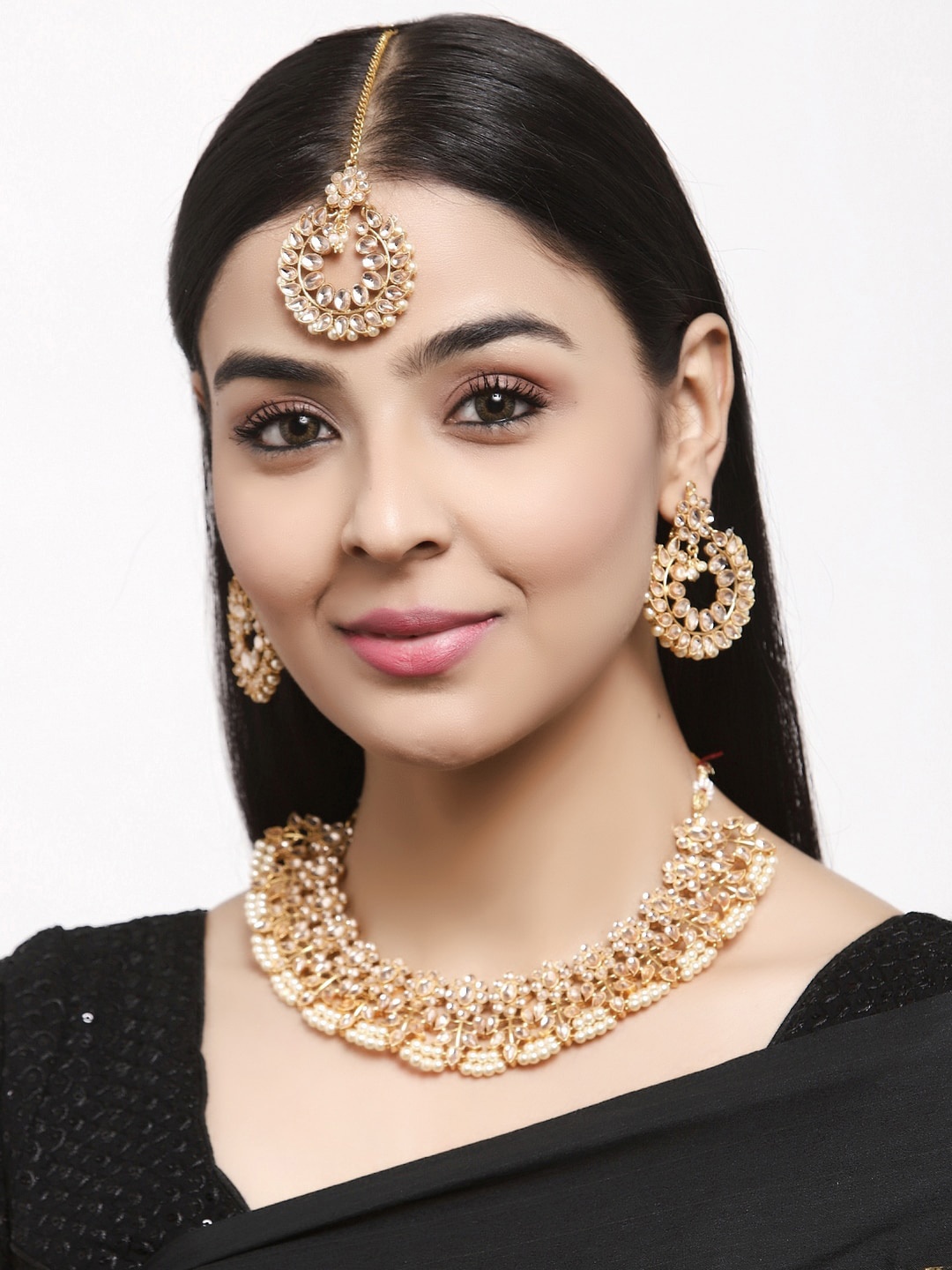 Shining Diva Gold-Plated Off-White Kundan-Studded Beaded Antique Jewellery Set