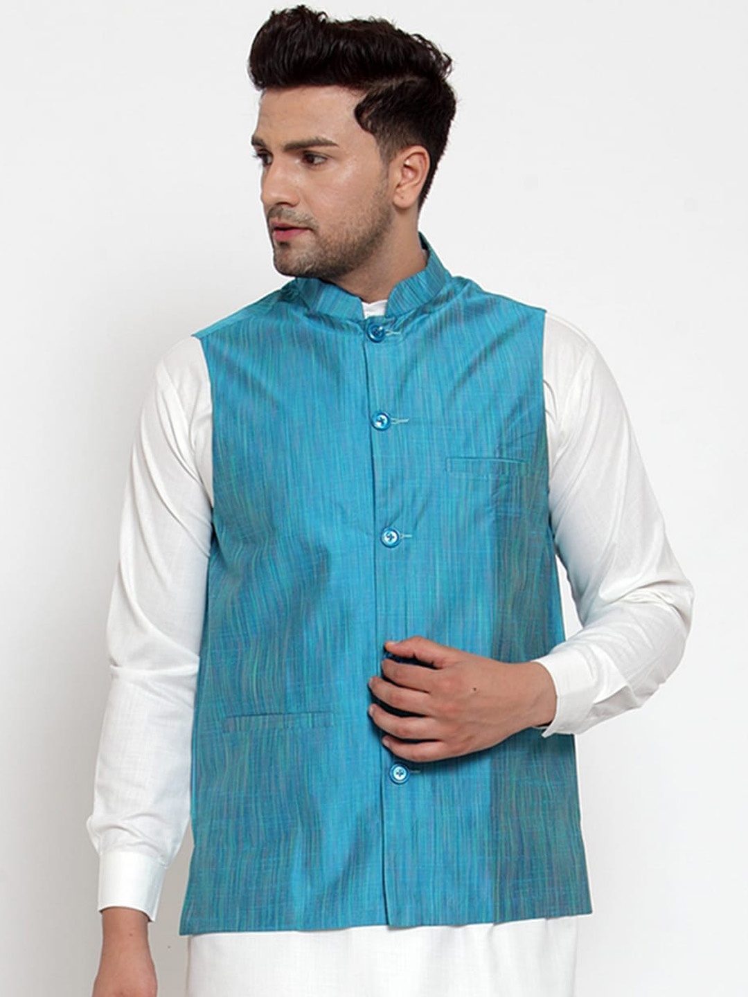 

Jompers Men Blue Woven Design Waistcoat