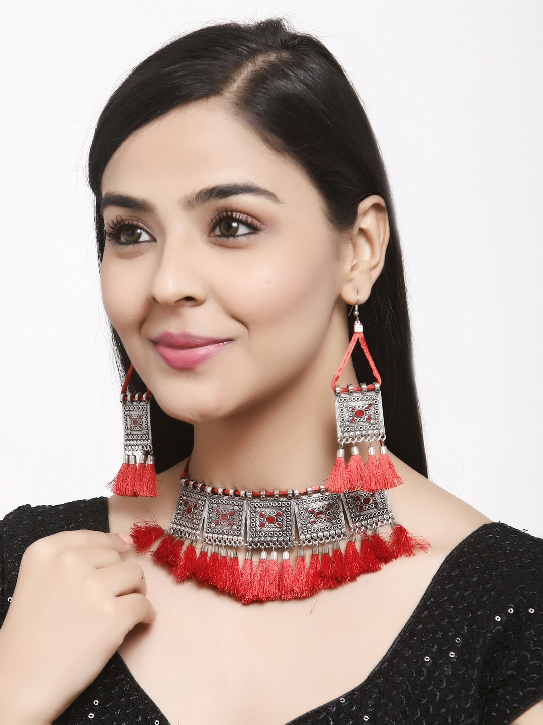 

Shining Diva Oxidised Silver-Toned & Red Tasselled Jewellery Set