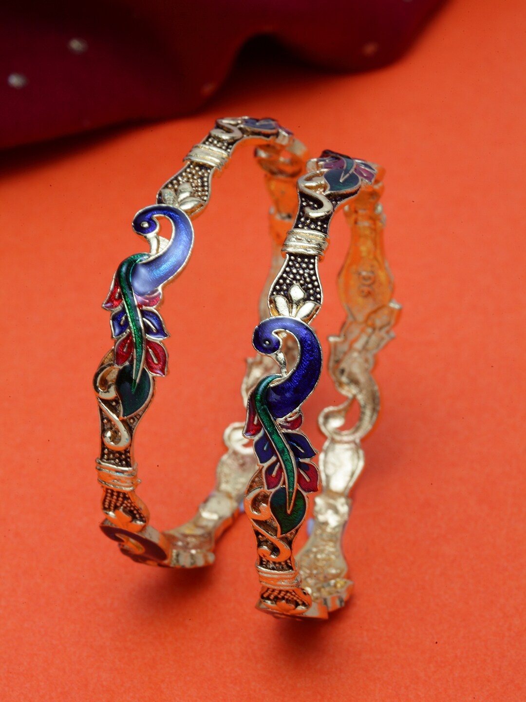 Shining Diva Set Of 2 Gold-Plated Blue & Green Meenakari Bangles