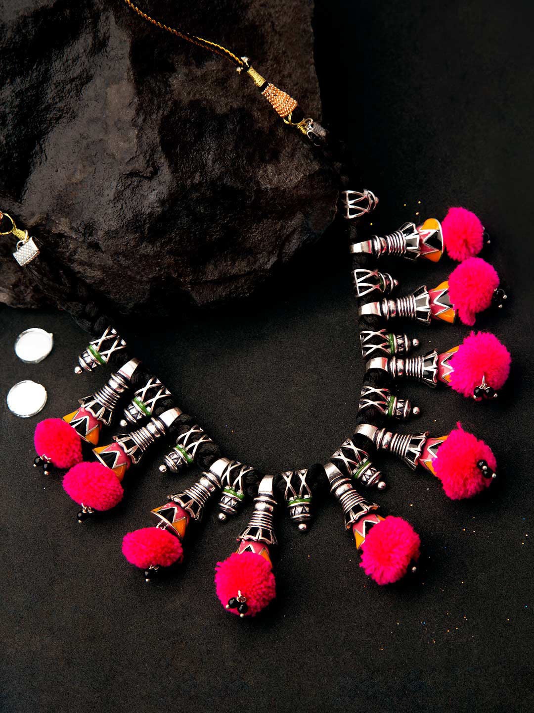 

Voylla Black & Pink Brass Silver-Plated Pom-Pom Necklace