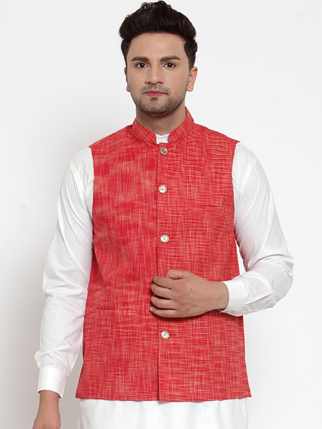 

Jompers Men Red Cotton Woven Design Nehru Jacket