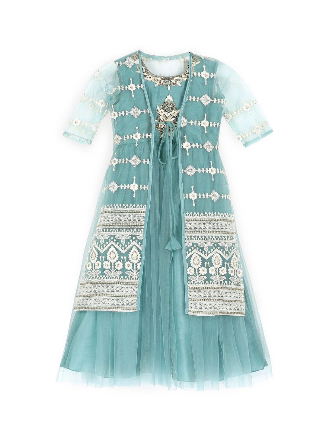 BETTY Girls Turquoise Blue Embroidered Maxi Dress & Jacket