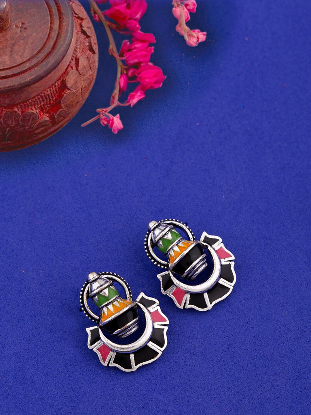 

Voylla Silver-Plated & Black Contemporary Drop Earrings
