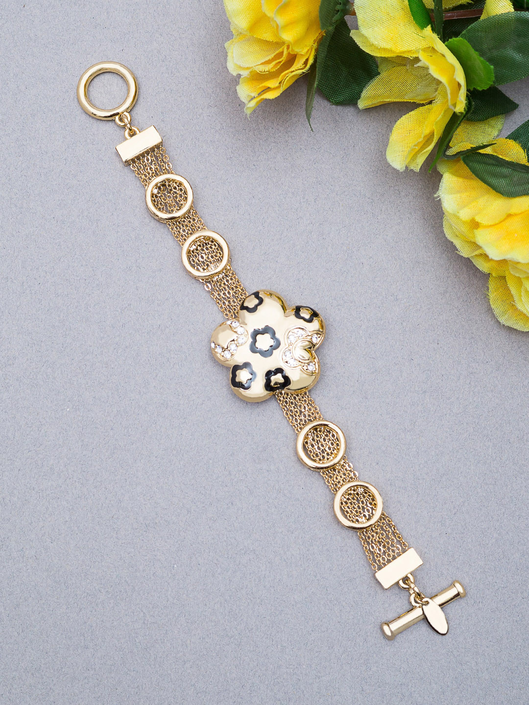 

Golden Peacock Women Gold-Plated Black Floral Charm Bracelet