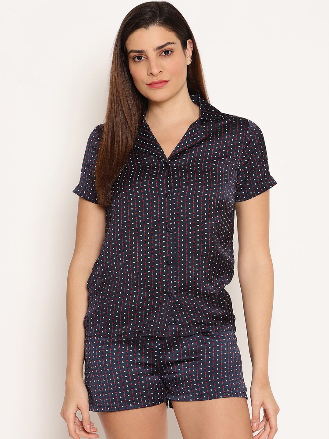 

HOUSE OF KKARMA Women Navy Blue & Red Printed Night suit