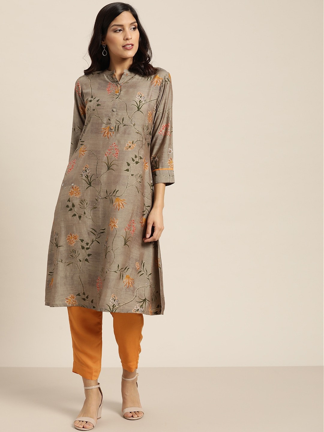 

Sangria Taupe Floral Printed Mandarin Collar Kurta