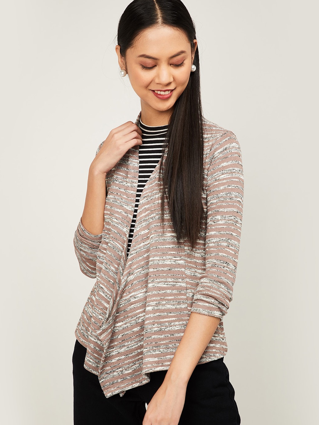 

CODE by Lifestyle Women Grey & Pink Striped Open Front Shrug