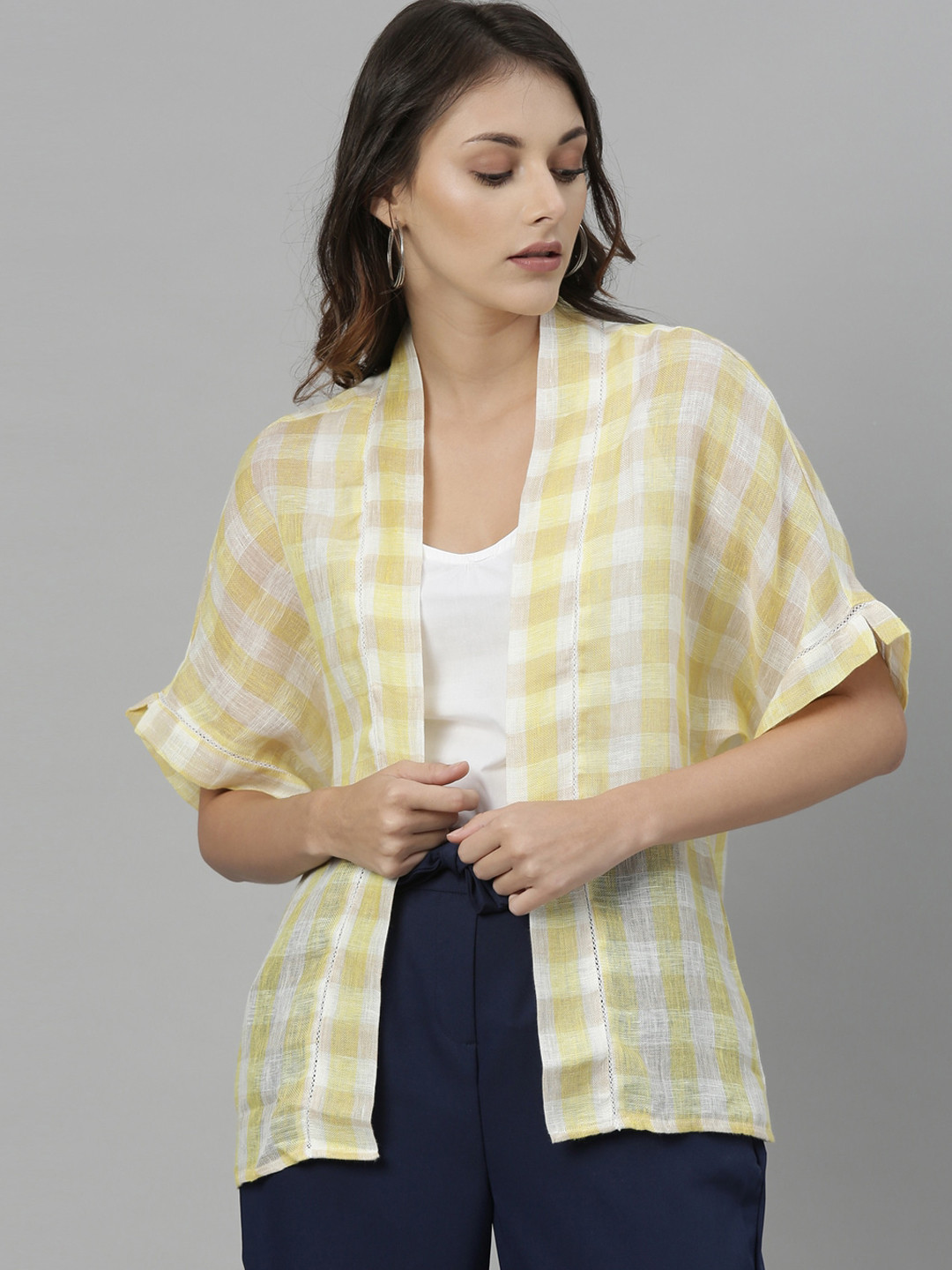 

RAREISM Women Yellow & White Checked Open Front Shrug