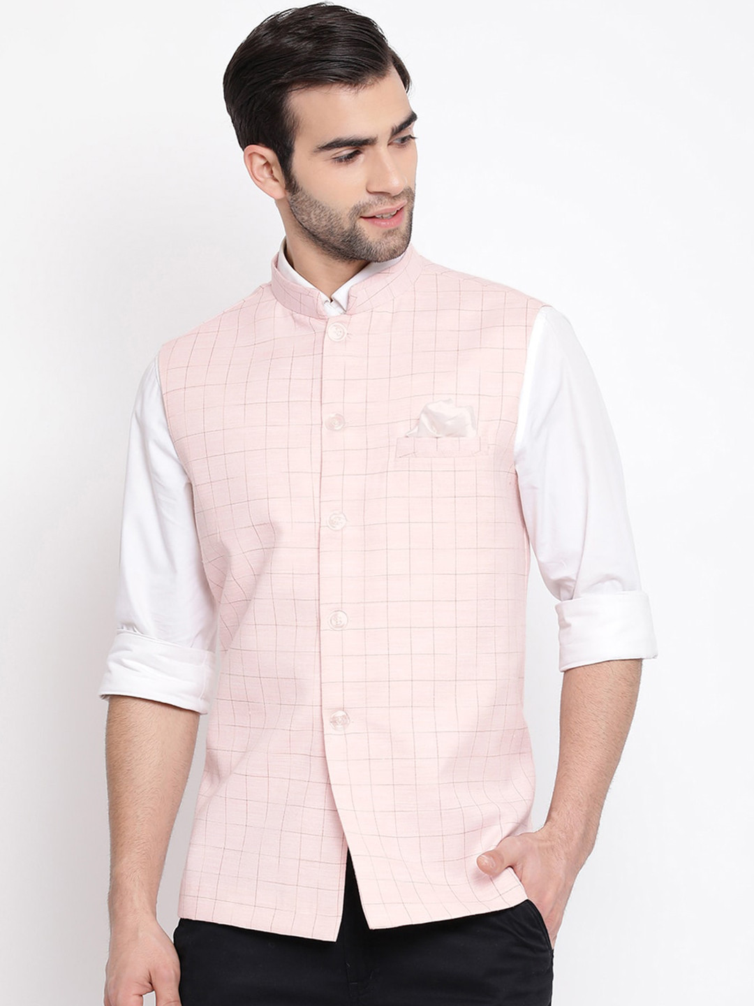 

VASTRAMAY Men Pink & Grey Checked Woven Nehru Jacket