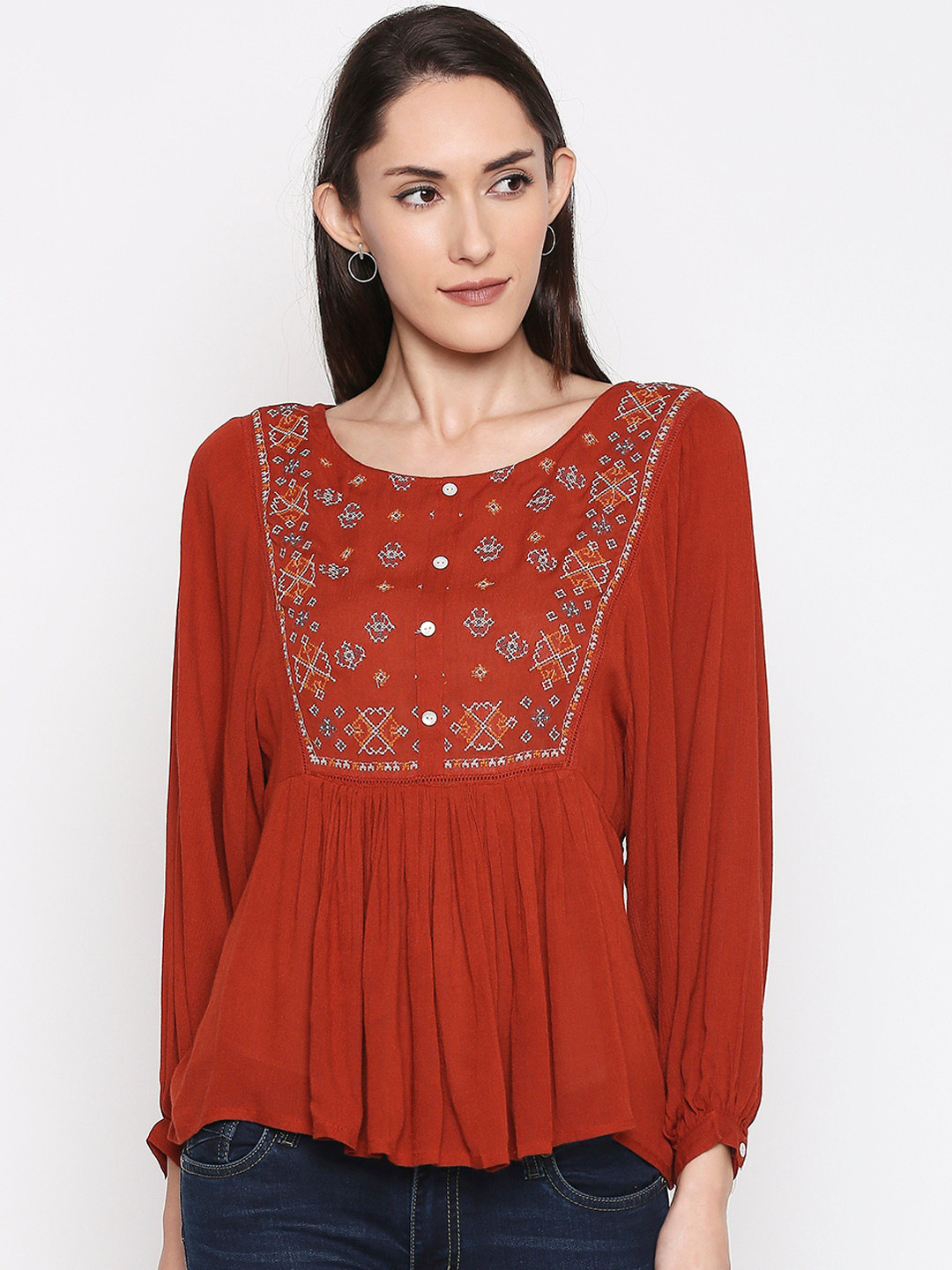 

People Rust Embellished Pure Cotton Top