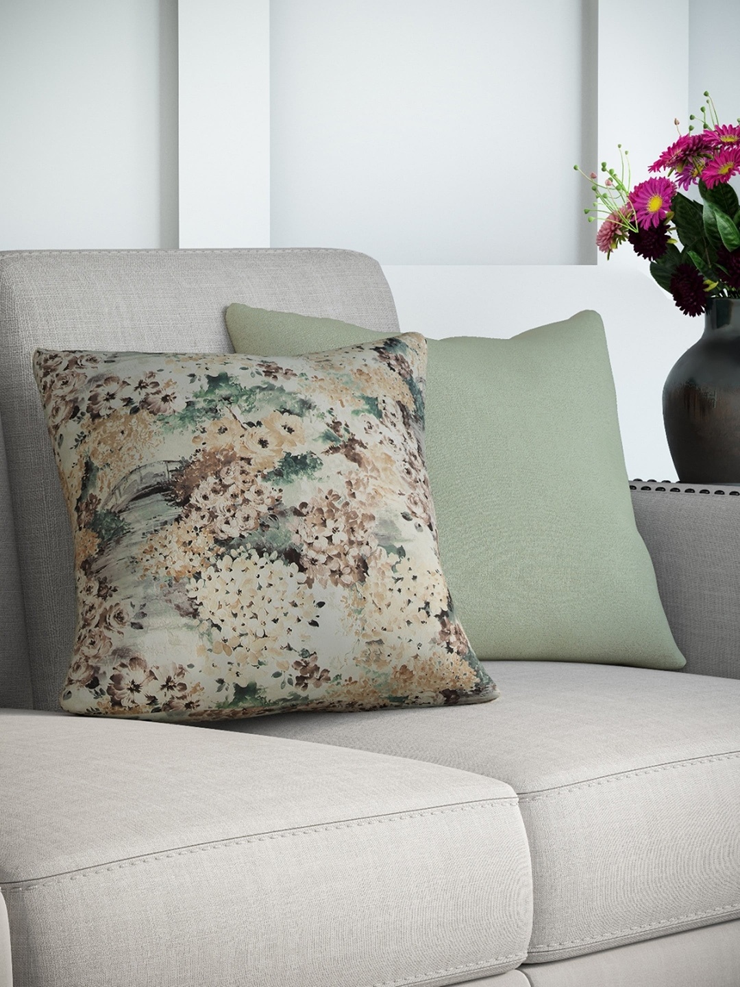 

DDecor Green & White Set of 2 Floral Square Cushion Covers