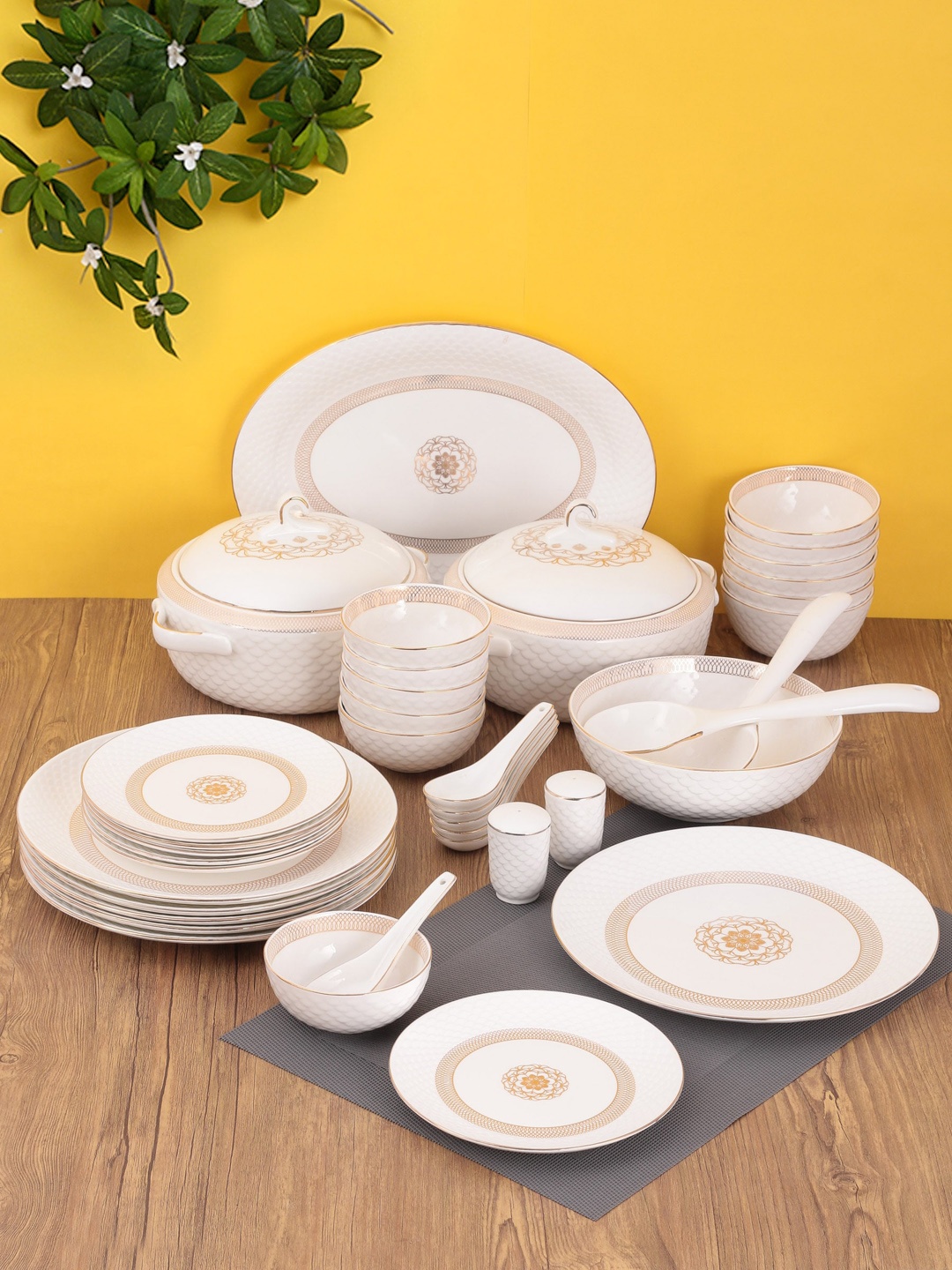 

CLAY CRAFT White & Gold-Toned 40 Pieces Printed Glossy Ceramic Dinner Set