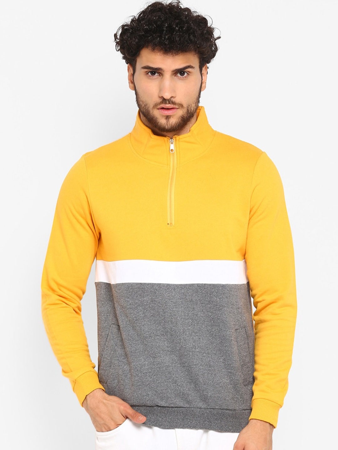 

Urbano Fashion Men Colourblocked Slim Fit Half Zippered Sweatshirt, Yellow