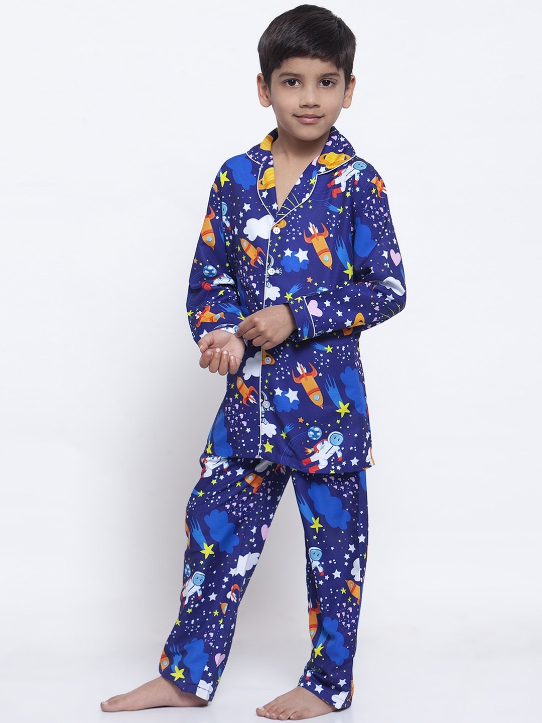 MAXENCE Boys Navy Blue & white Graphic Printed Night Suit