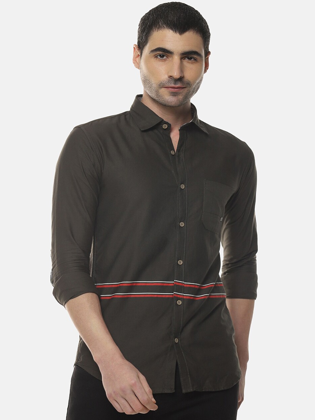 

Campus Sutra Men Olive Green & Orange Regular Fit Striped Casual Shirt