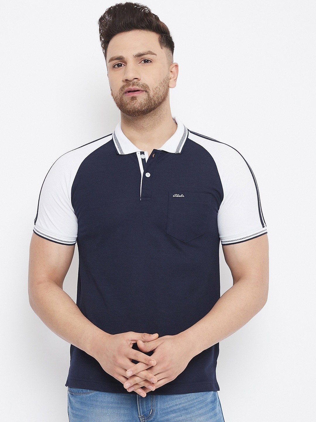 

Adobe Men Navy Blue and White Solid Polo Collar T-shirt