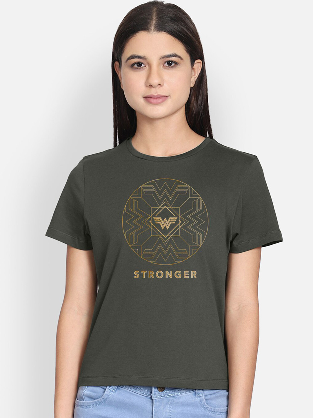 

Free Authority Women Olive Green Wonder Woman Print Round Neck T-shirt