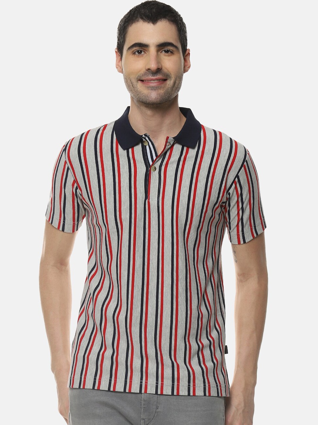

Campus Sutra Men Grey & Red Striped Polo Collar T-shirt