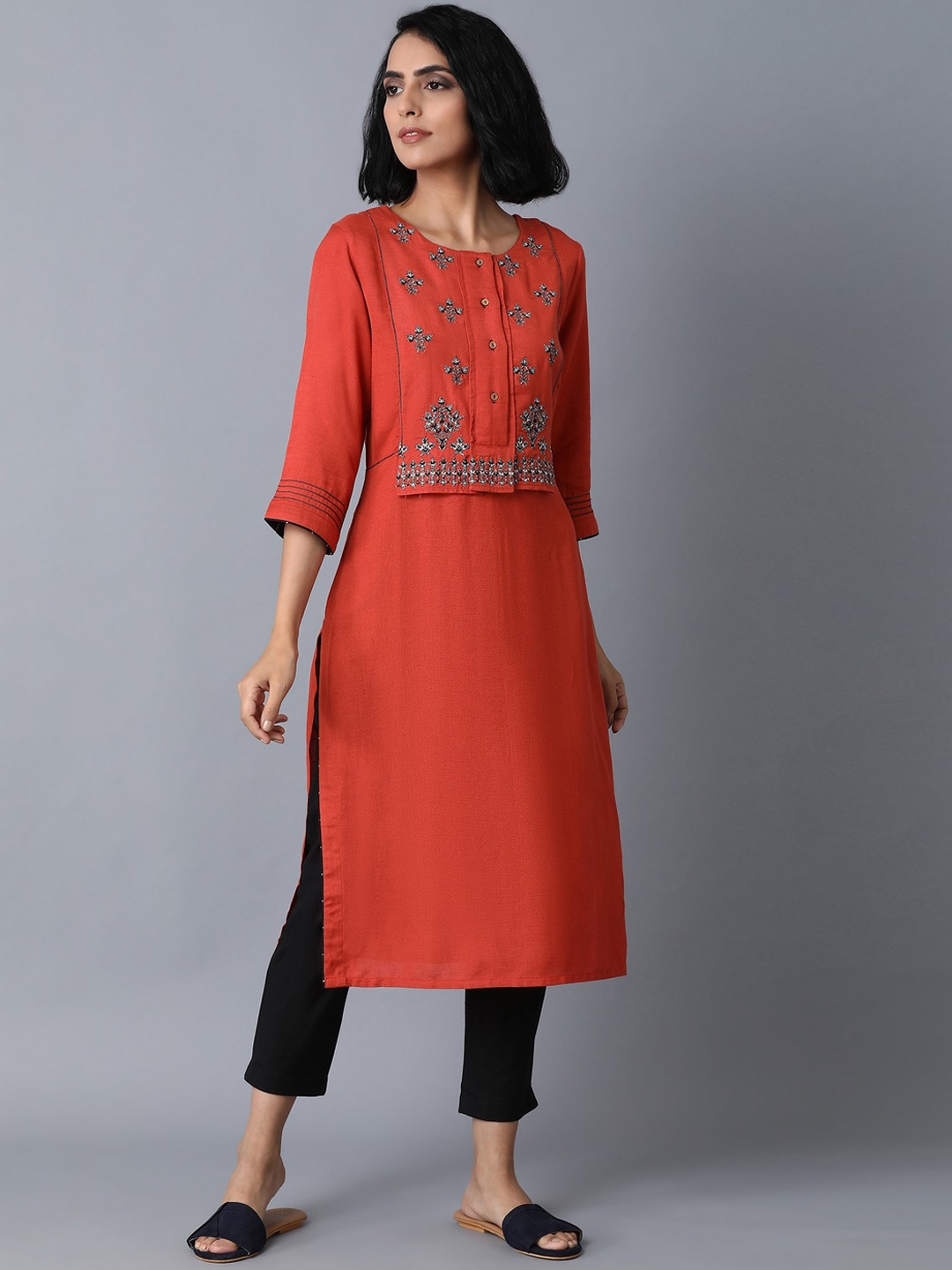 

W Women Orange Yoke Design Straight Kurta