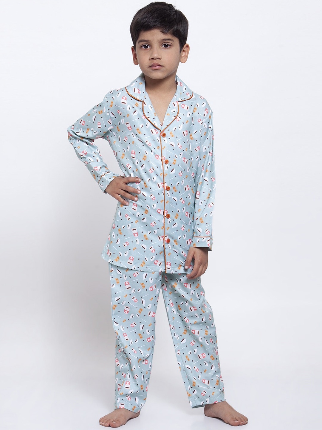 

MAXENCE Boys Blue & White Printed Night Suit