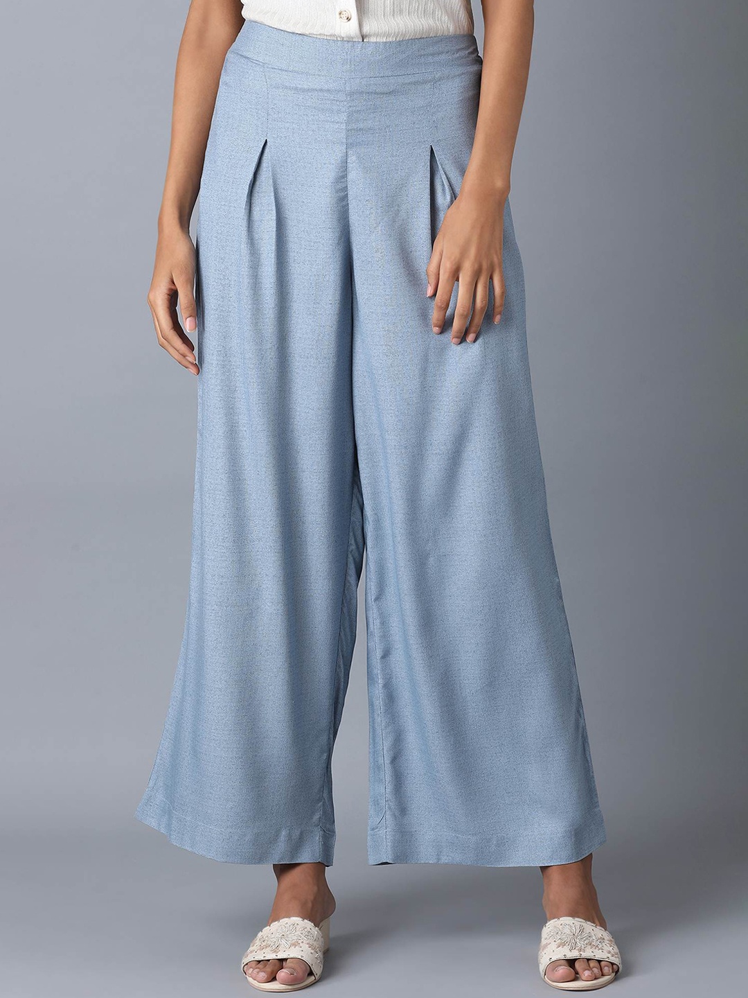 

W Women Blue Printed Denim Parallel Pants