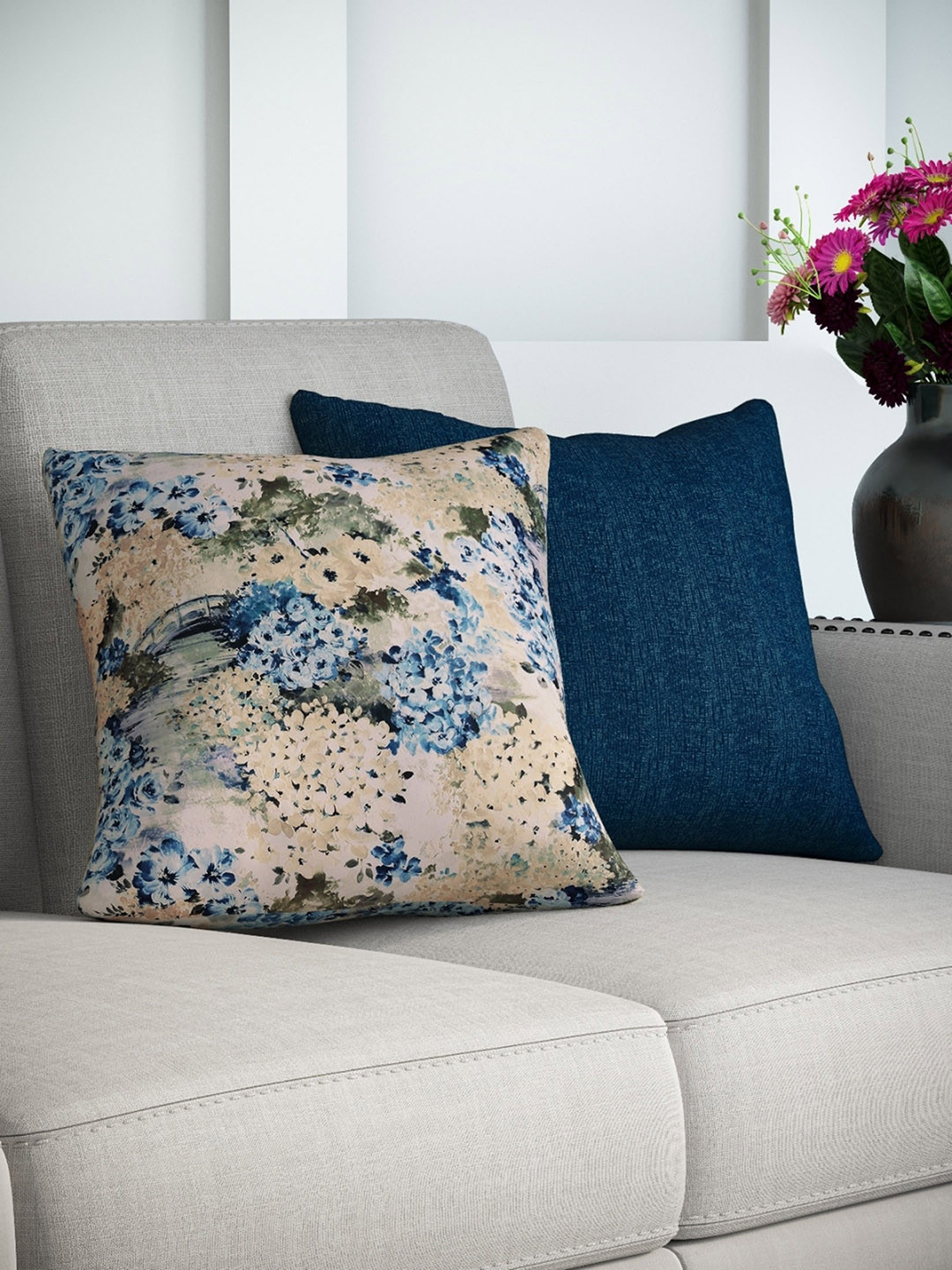

DDecor Set of 2 Blue & Cream-Coloured Floral Square Cushion Covers