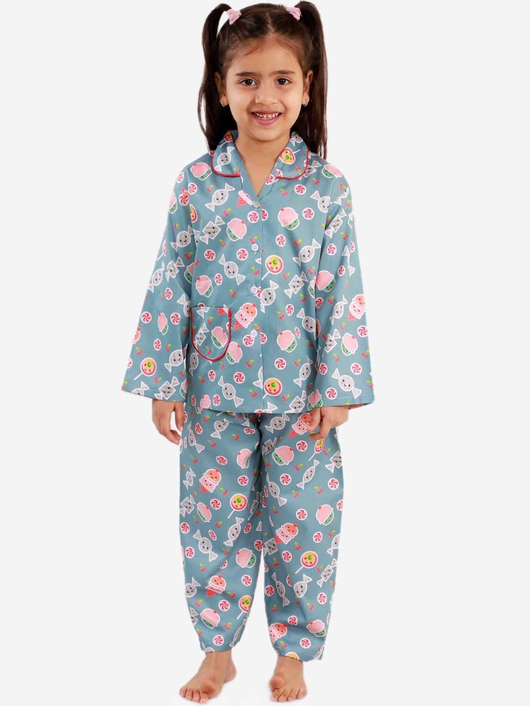 

KID1 Girls Grey & Pink Printed Cotton Night Suit