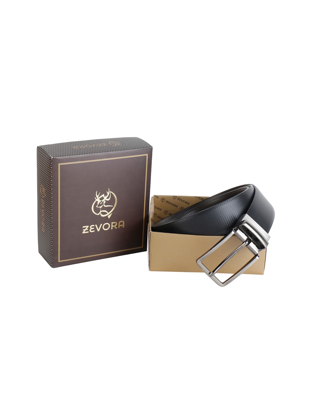 

ZEVORA Men Black & Brown Textured Reversible Belt