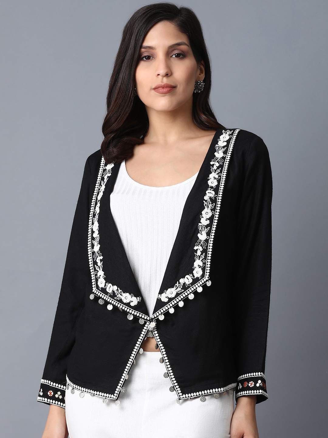 

W Women Black Printed Open Front Jacket