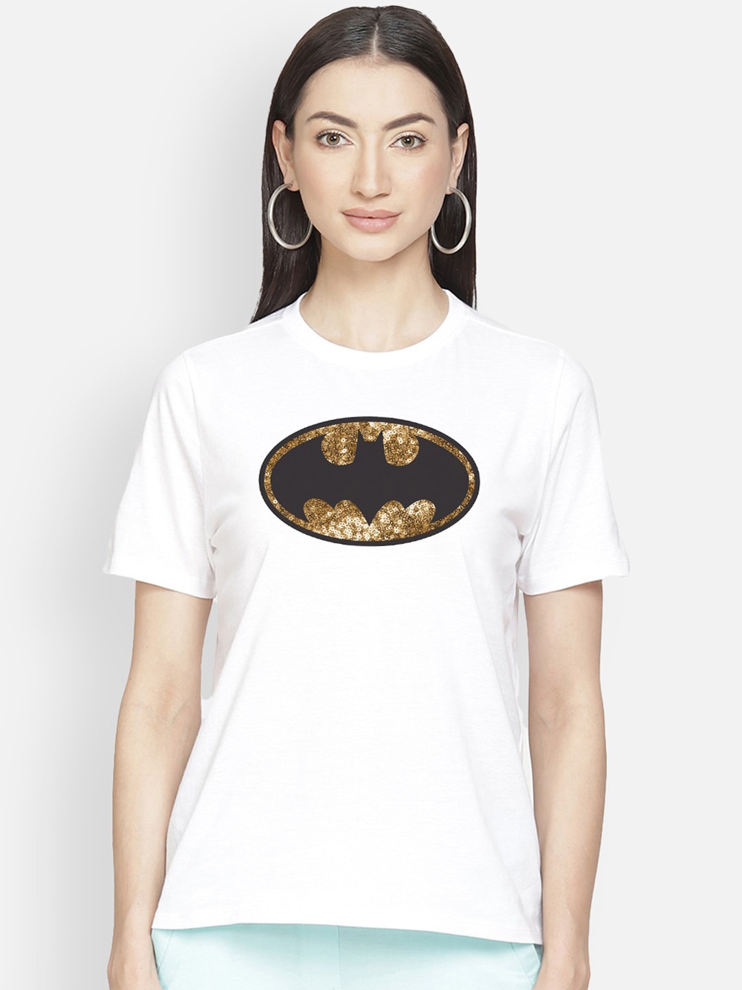 

Free Authority Women White Batman Print Round Neck T-shirt