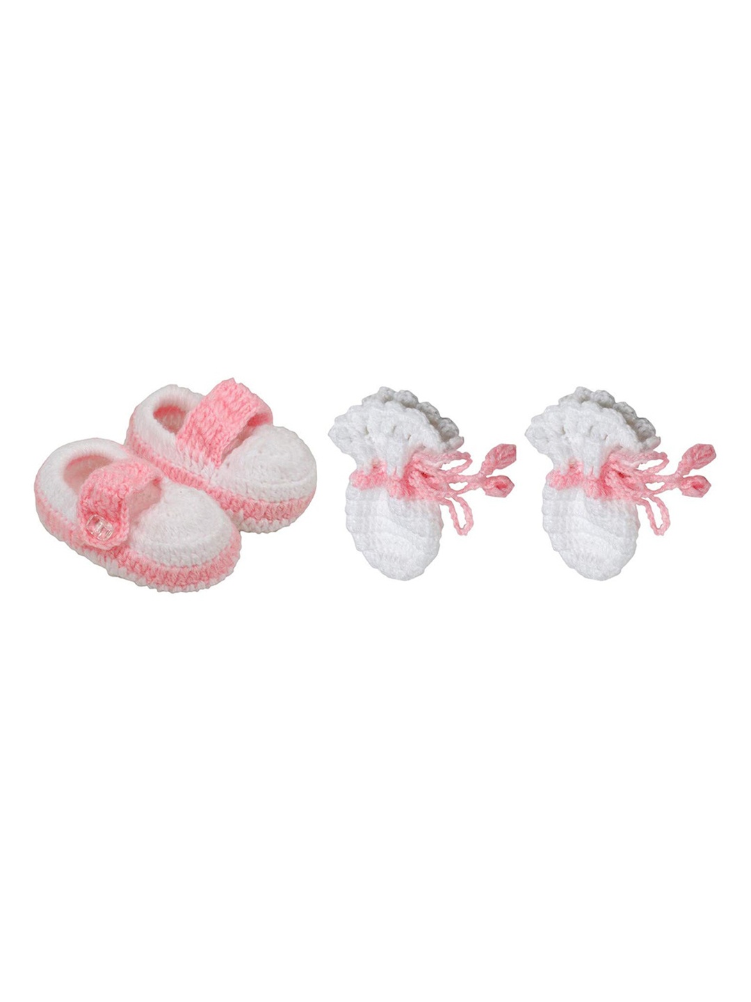 

Superminis Infant Kids White & Pink Hand Knitted Booties With Mittens