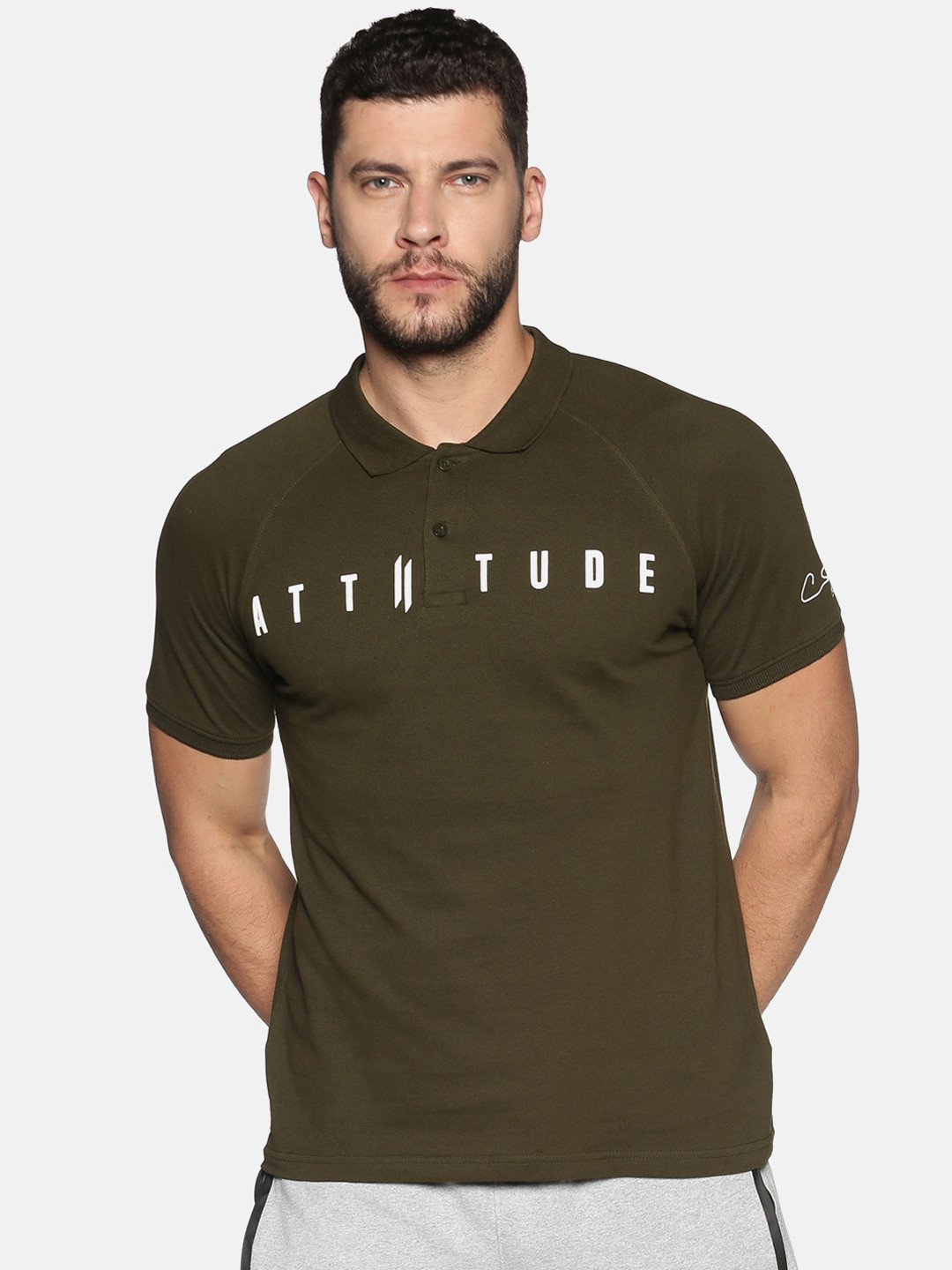 

ATTIITUDE Men Green Brand Logo Print Polo Collar Tshirt