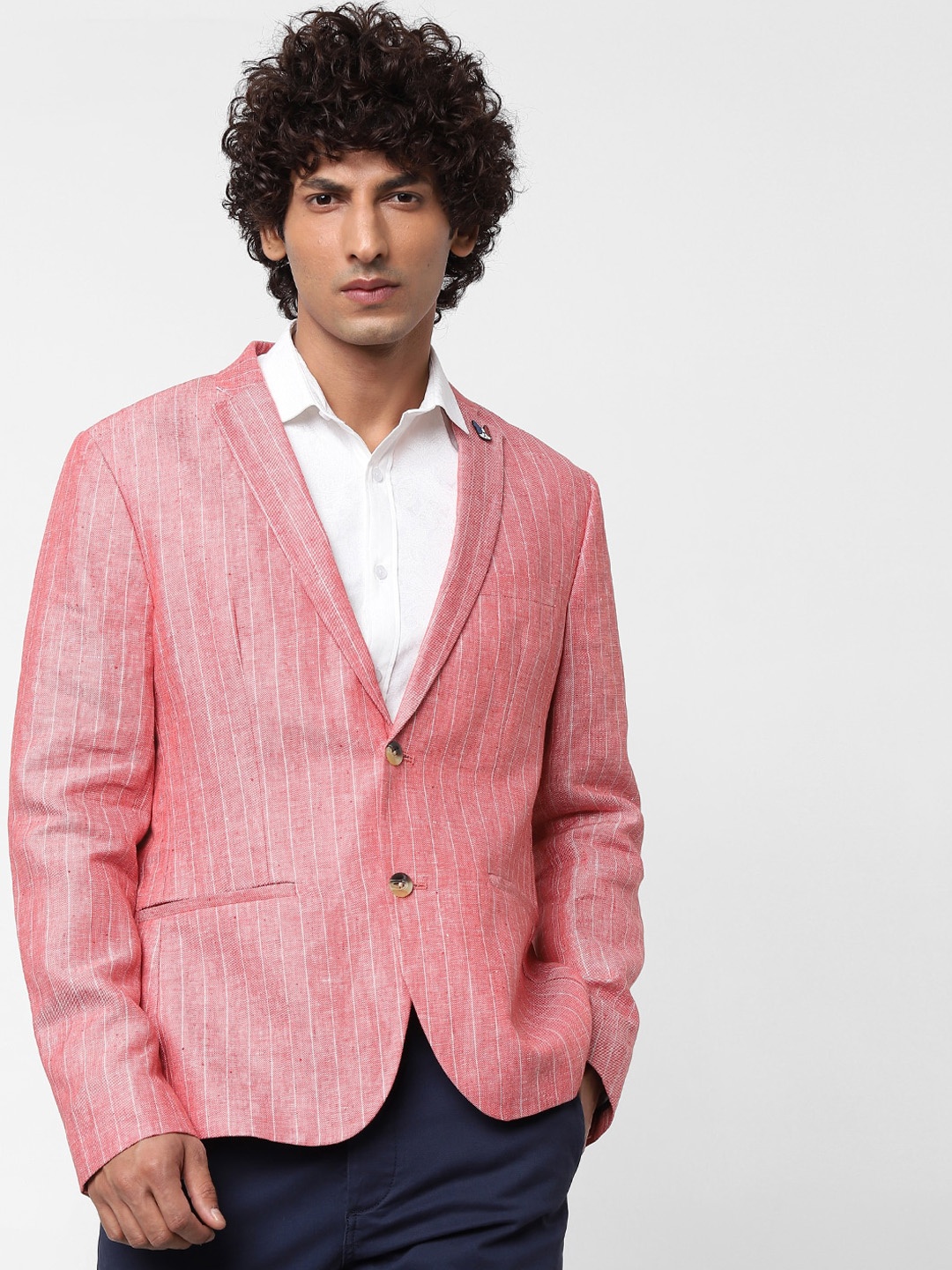 

Jack & Jones Men Pink Striped Single-Breasted Linen Casual Blazer