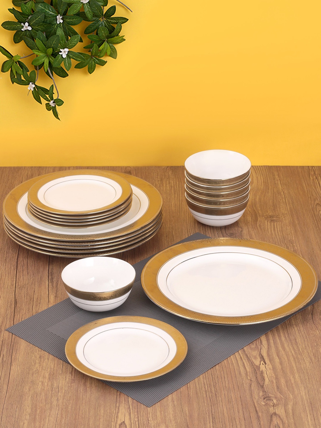 CLAY CRAFT White & Gold-Toned 18 Pieces Printed Glossy Ceramic Dinner Set