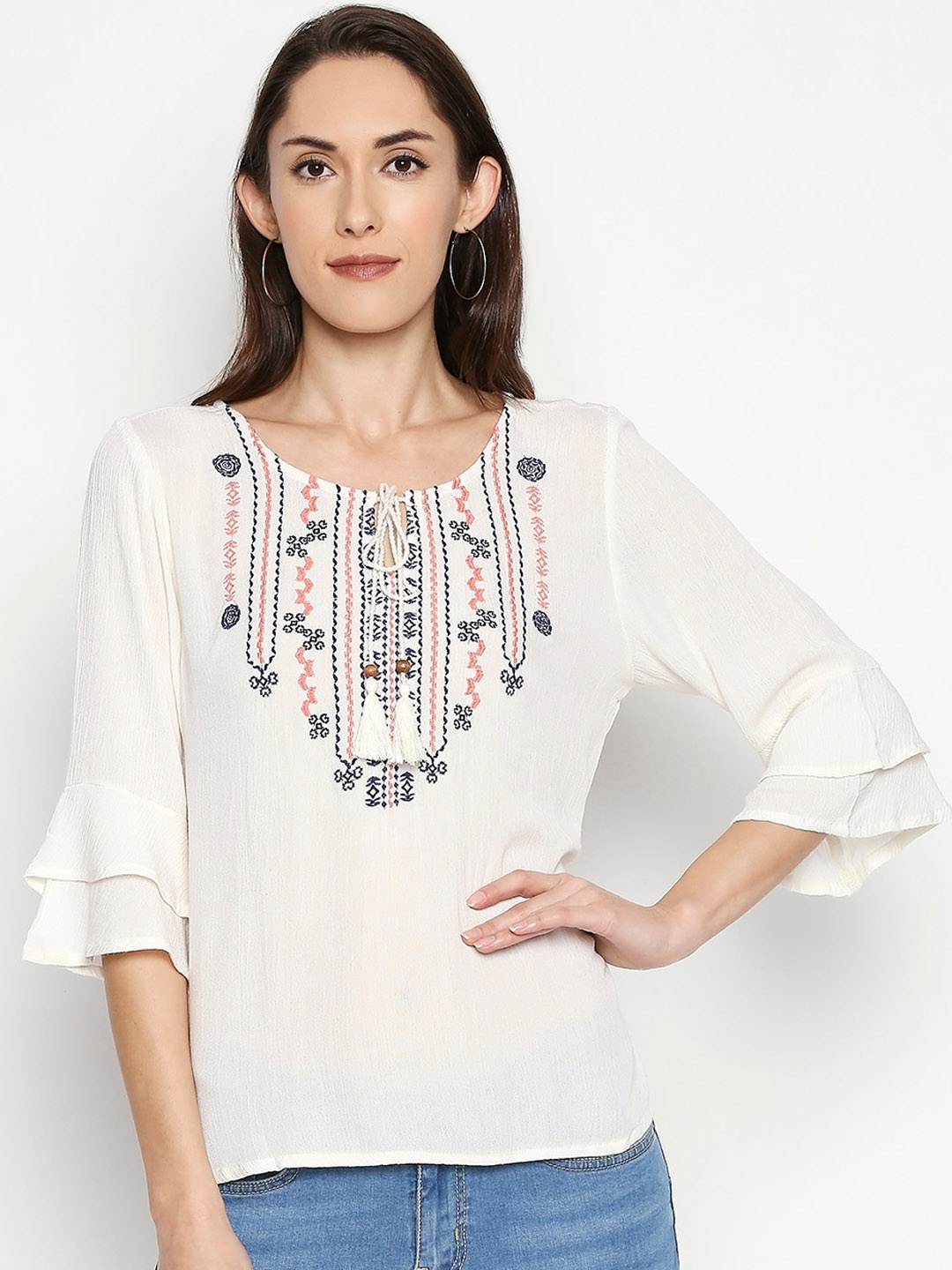 

People White Embroidered Tie-Up Neck Bell Sleeves Top