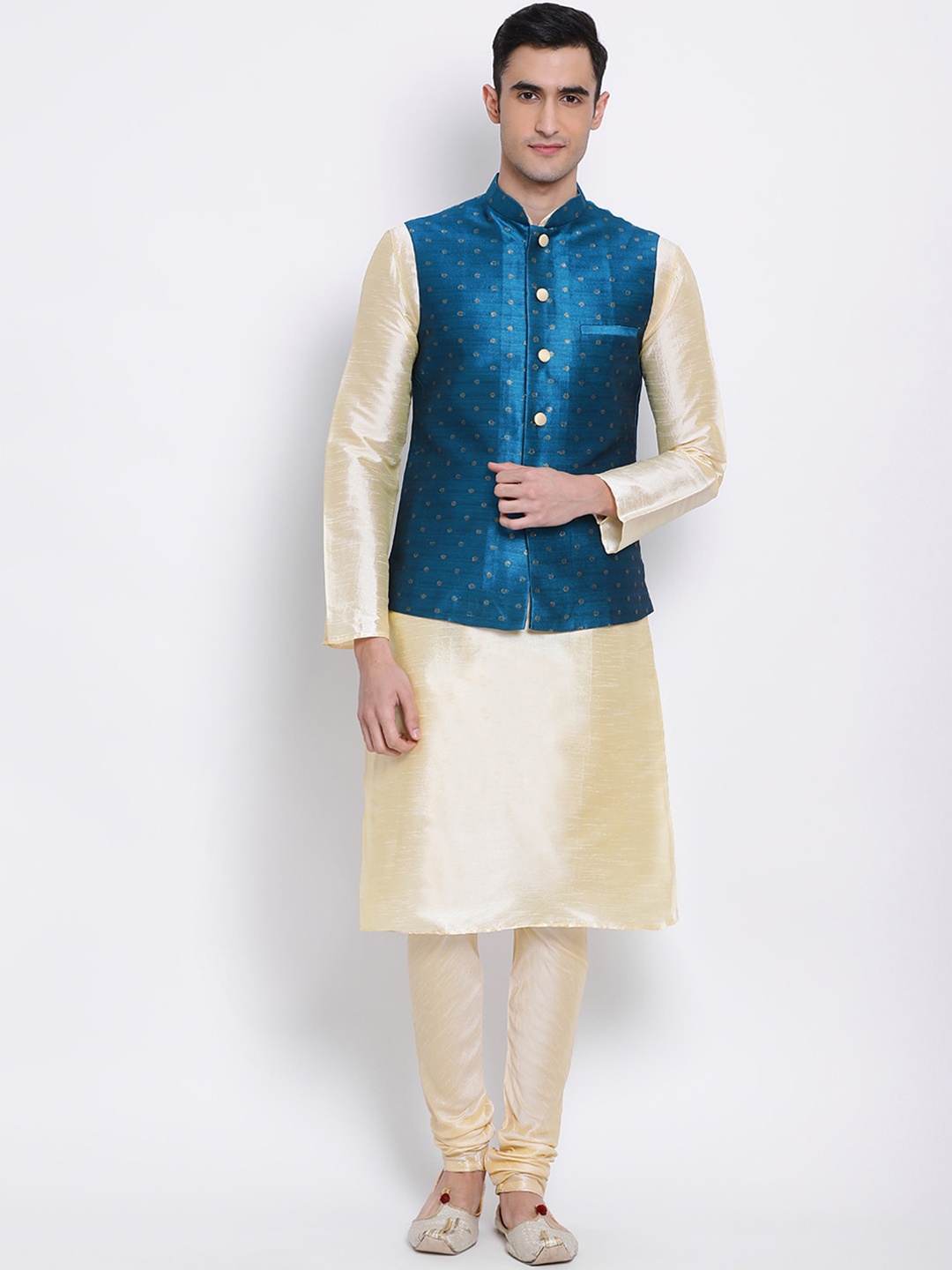 

Sanwara Men Beige & Blue Solid Kurta with Churidar & Jacket