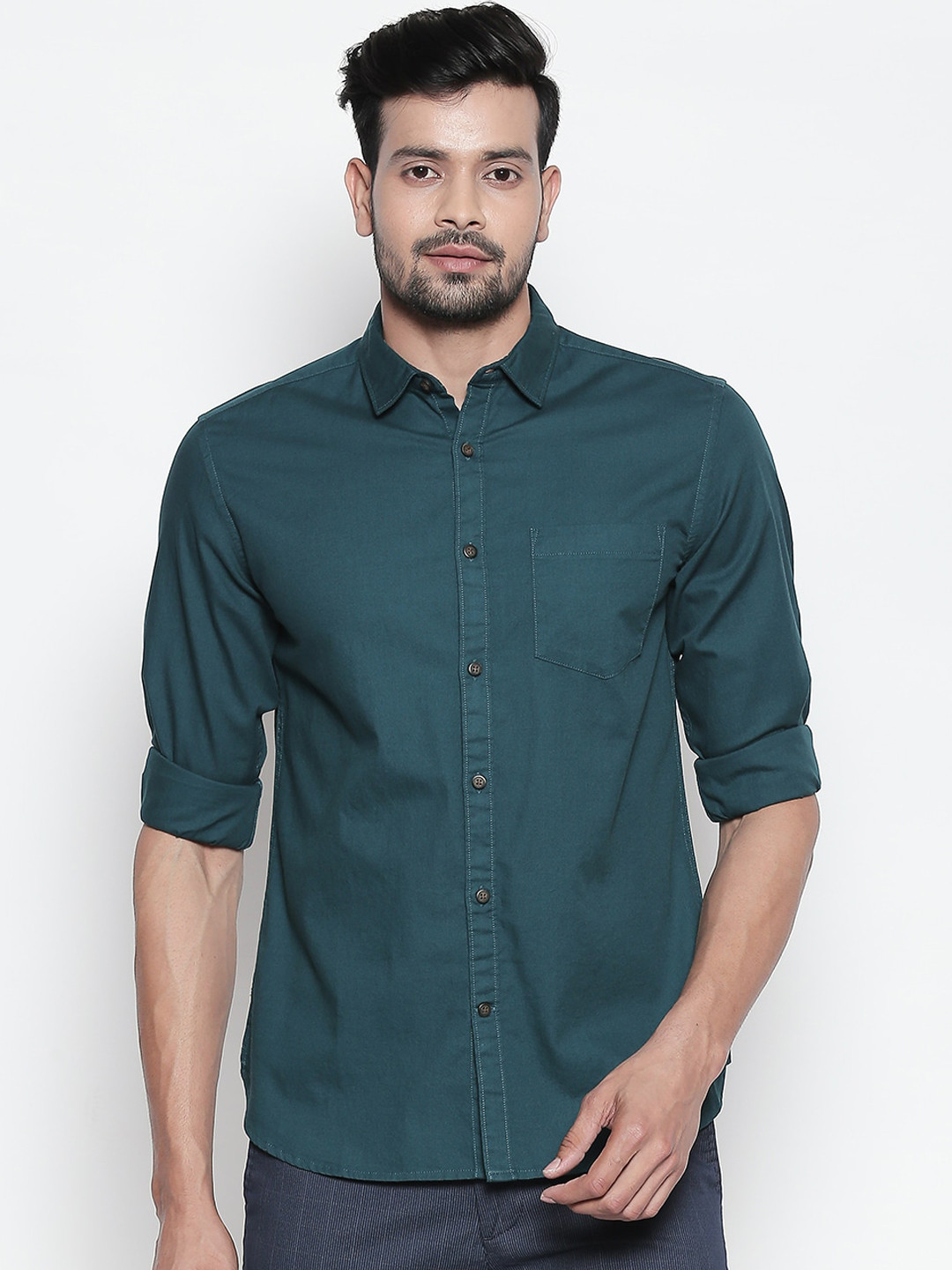 

BYFORD by Pantaloons Men Green Slim Fit Solid Casual Shirt