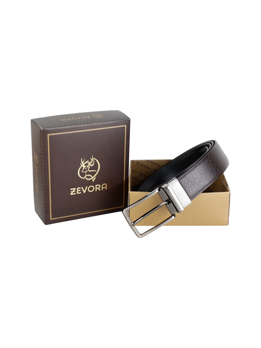 

ZEVORA Men Brown & Black Textured Reversible Belt