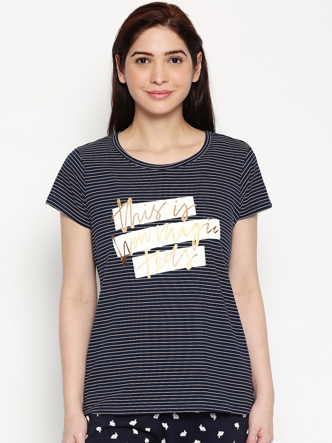 

Dreamz by Pantaloons Women Navy Blue Striped Pure Cotton Lounge tshirt