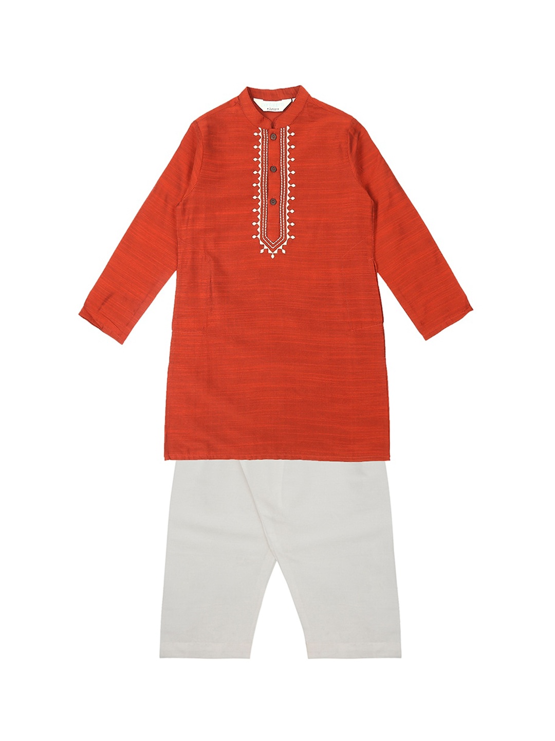 

indus route by Pantaloons Boys Rust Orange & White Embroidered Kurta with Pyjamas